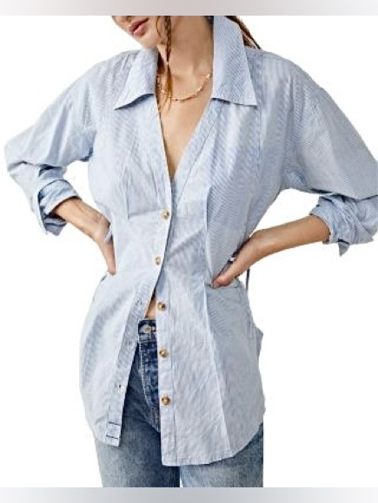 Free People Marten Oxford Stripe tie dye rustic vibe blouse w Tie-Back - Picture 3 of 14